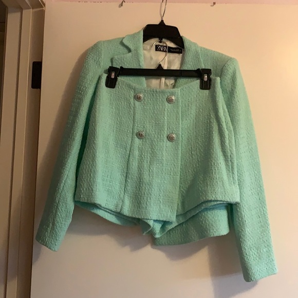 Zara Mint Green / Blue Tweed Blazer and Skort Set - Picture 4 of 9